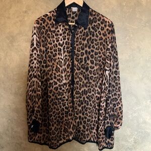 Vintage Sam Satin and Leopard Chiffon Longline Button Down Blouse